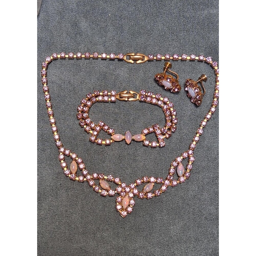 Vintage Pink Rhinestone Opal Glass Set Necklace Bracelet Earrings